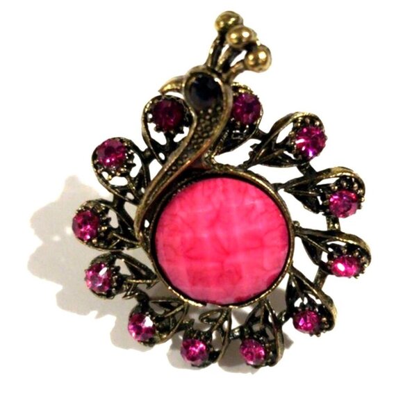 Vintage Peacock Ring – Pink Gemstones & Center Stone – Adjustable Women Jewelry - Picture 3 of 10